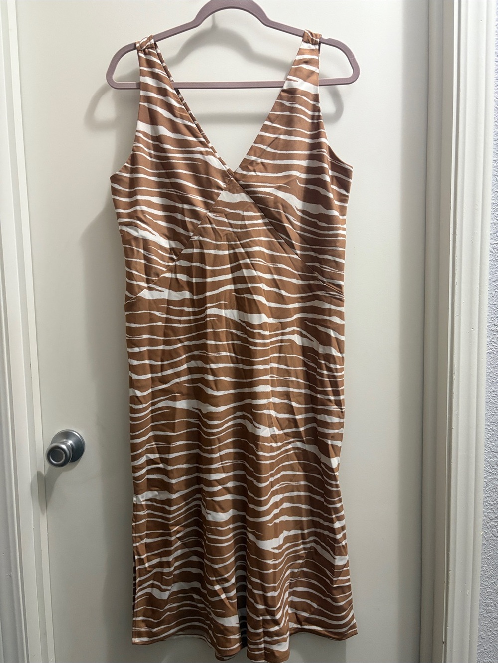 Sleeveless Brown and White Zebra-Stripe V-Neck Dress